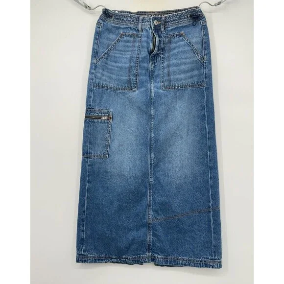 American Eagle Womens Low Rise Maxi Denim Skirt Size 2 Medium Wash Cargo Pocket - Picture 12 of 12